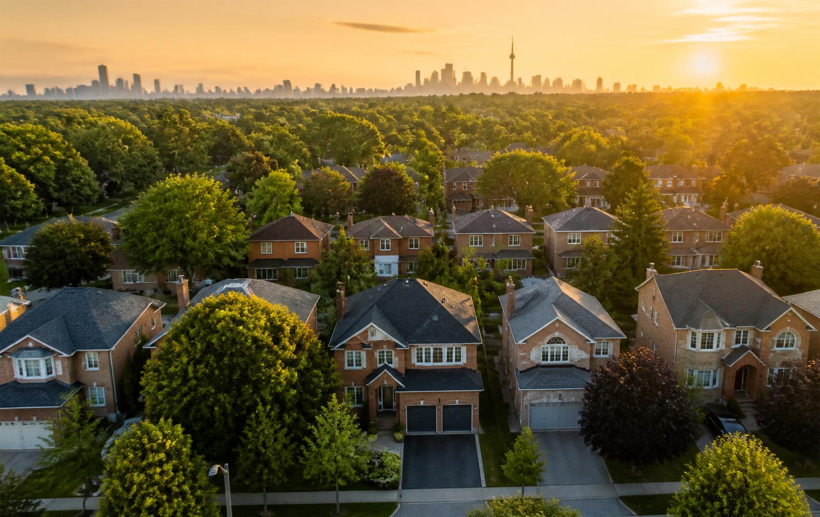 Aerial view of detached homes in a Toronto area neighbourhood at sunset